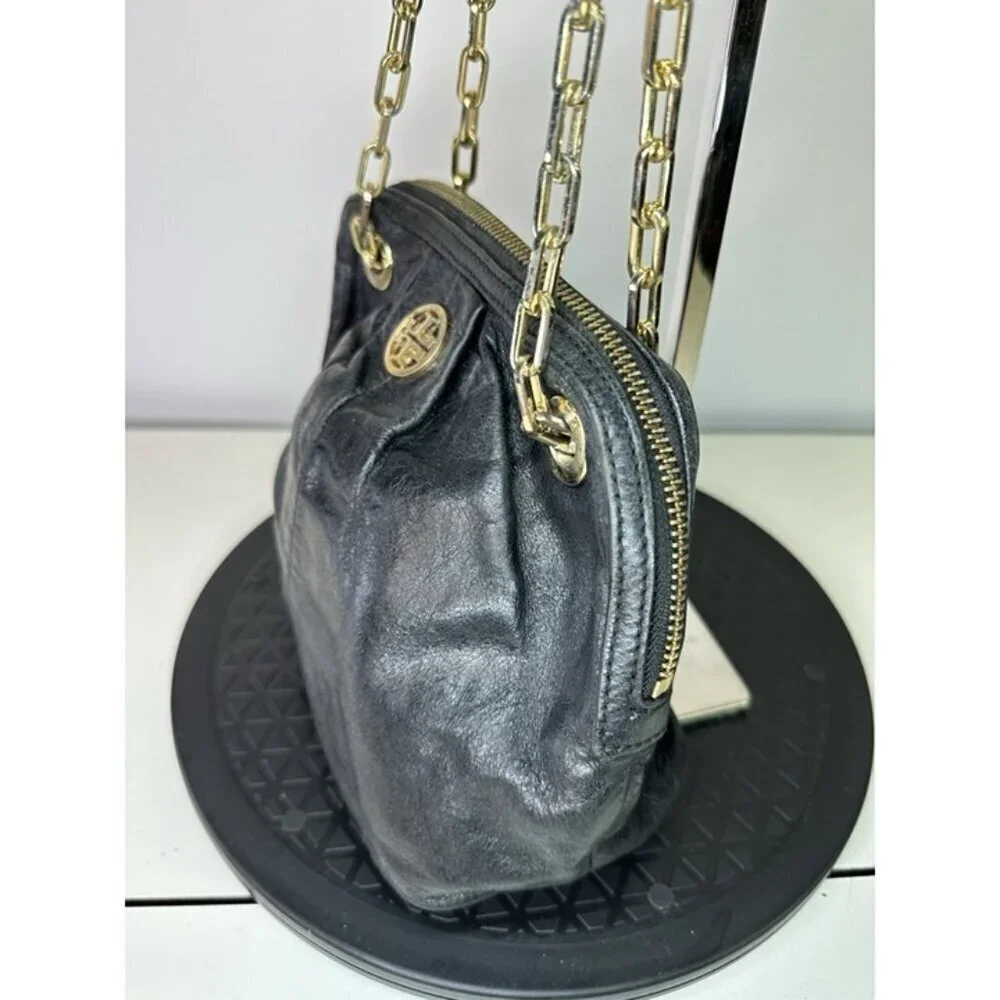 Tory Burch Dena Mini Black Crinkle Leather Crossbody Chain Bag